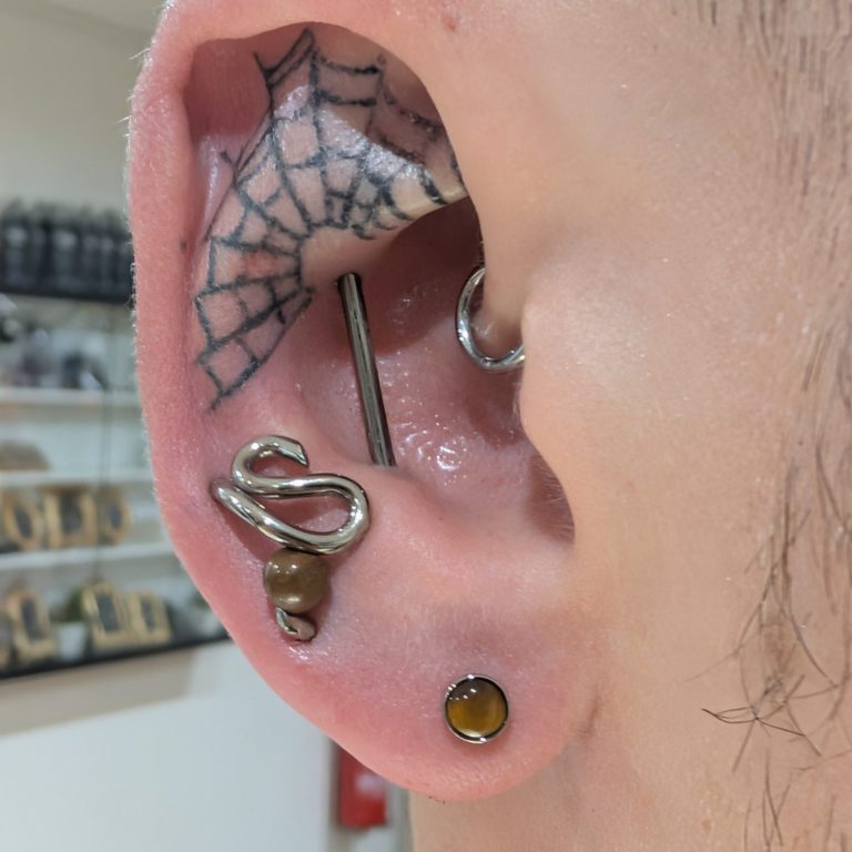 ear piercing ear piercing featuring custom jewellery from apex in niobium and a tigers eye cabochon from junipurr jewelry